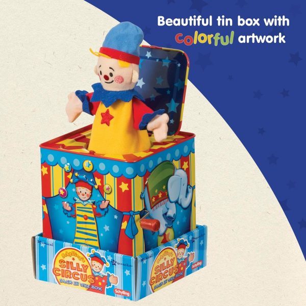 Schylling Silly Circus Jack in the Box - Classic Children's Musical Toy - Colorful Embossed Tin Box and Friendly Plush - Age 18 months and Up